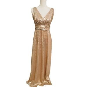 Lulus Gold Sequin Sleeveless Long Gown V Neck Front V Back Formal